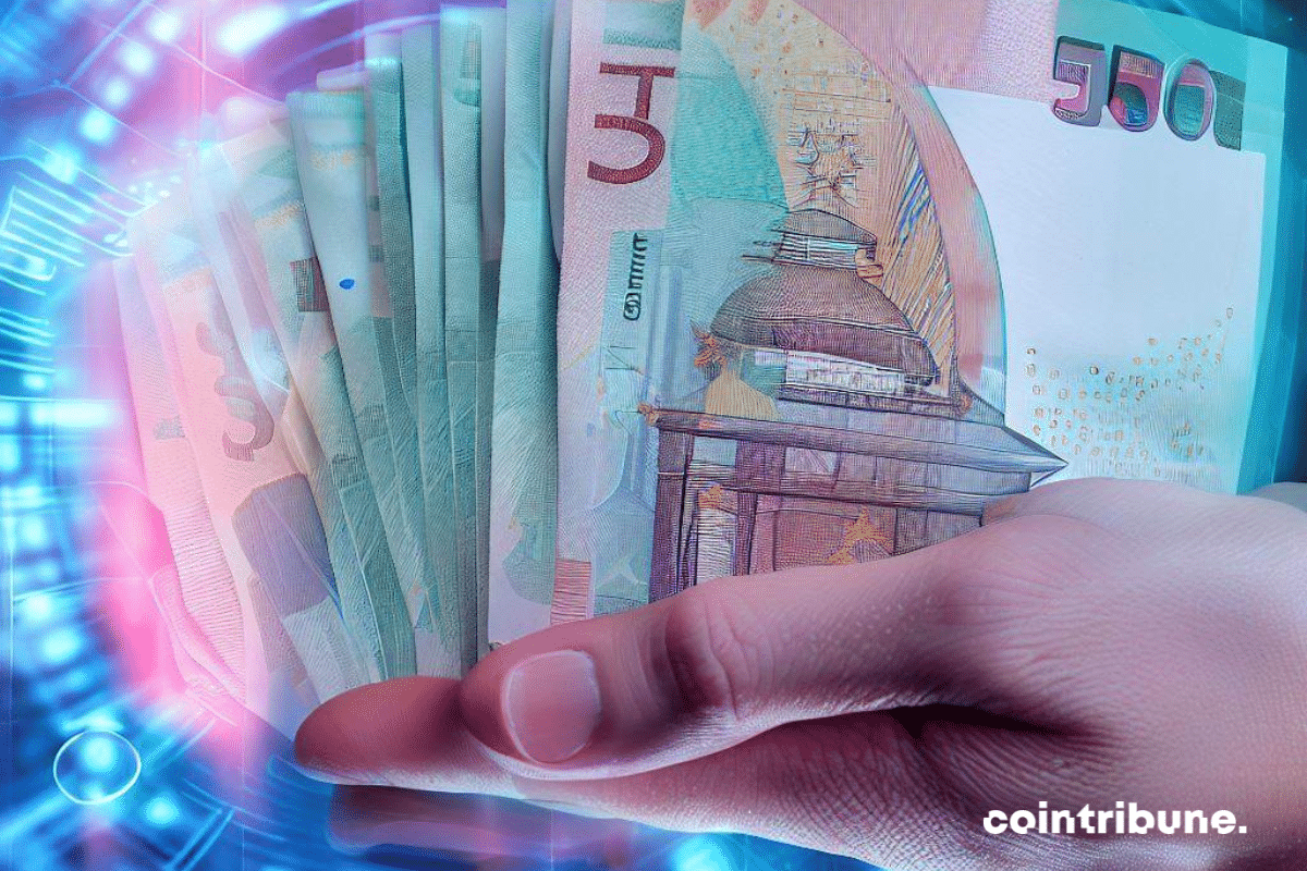 Autriche : Une main tenant fermement des billets d'euro face à une projection holographique de pièces numériques,