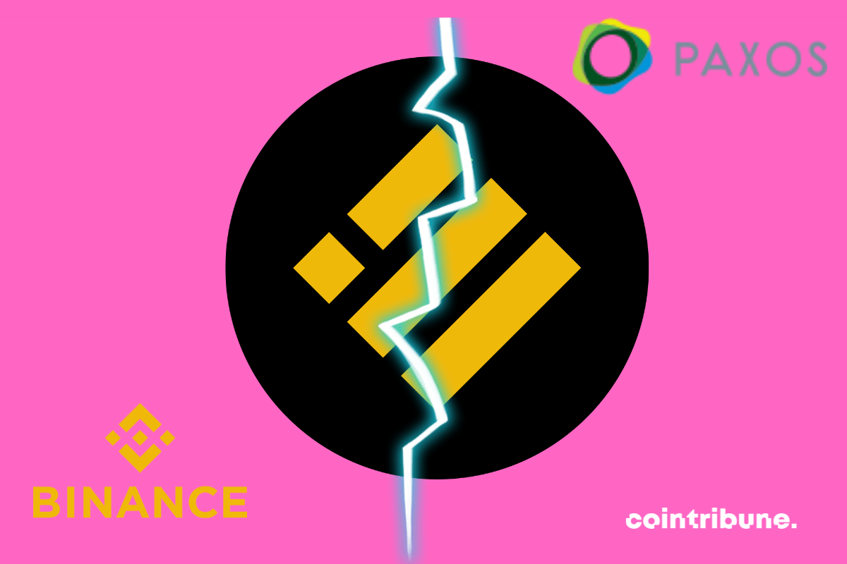 Logos de Binance, Paxos, et du BUSD, image d'éclair