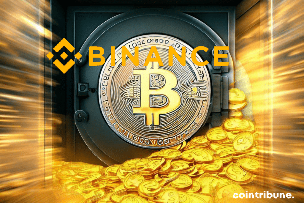 Un immense coffre-fort avec le logo de Binance sur le devant et es bitcoins