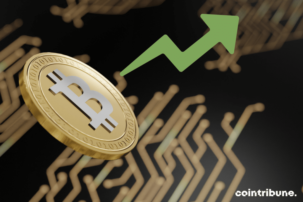 Une pièce de bitcoin accompagnée d'une flèche orientée vers le haut pour symboliser une hausse de la valeur de la crypto