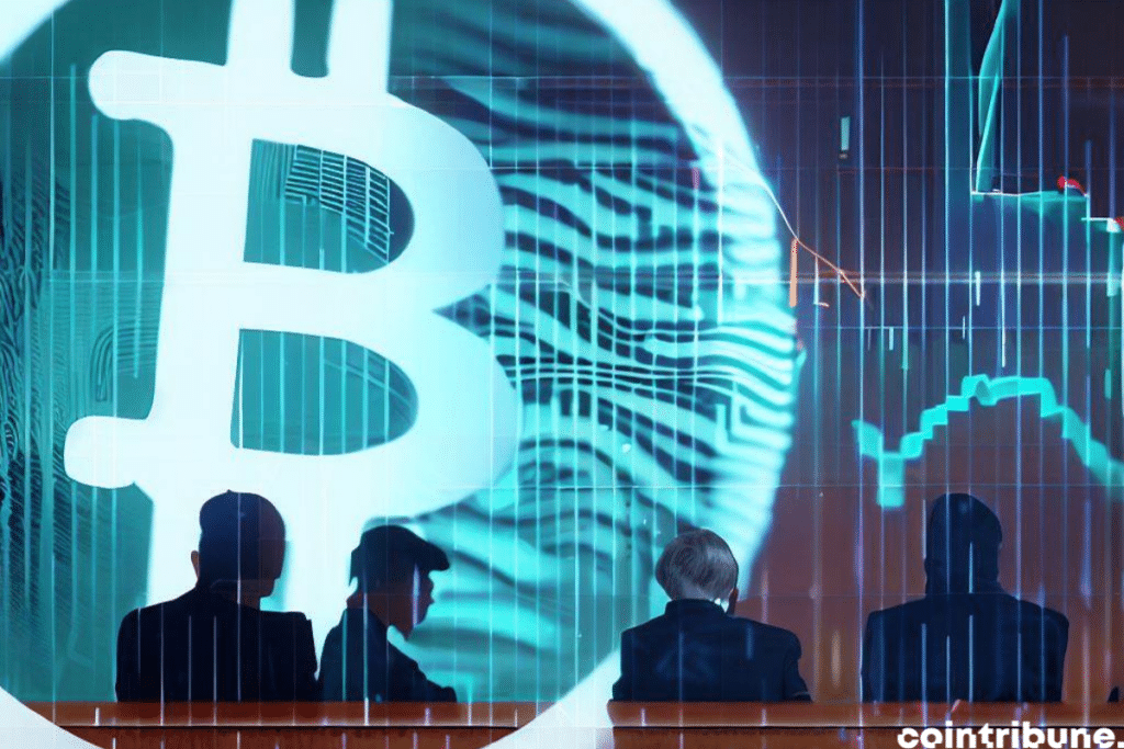 Un graphique de Bitcoin se superpose à une salle d'audience judiciaire