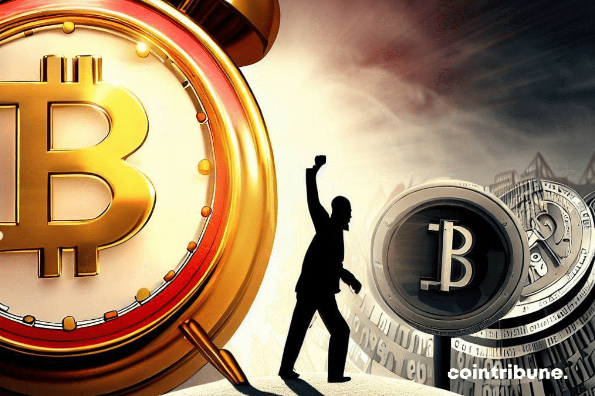 Bitcoin : une silhouette de Robert Kiyosaki tient une cloche d'alarme