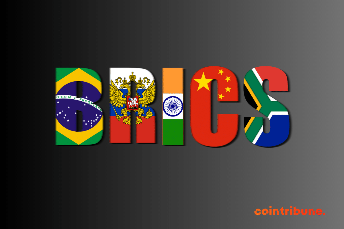 Image avec fond noir présentant l'inscription BRICS, formée avec les drapeaux des pays du groupe