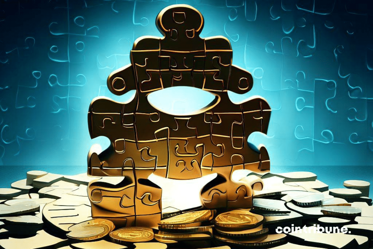 Crypto Minage : Des pièces de puzzles crypto formant le Capitole, avec quelques pièces manquantes symbolisant les secrets