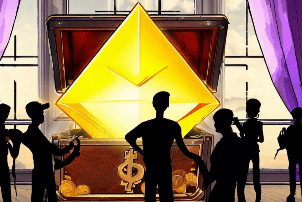 Une pièce d'Ethereum lumineuse émerge d'une malle ancienne entrouverte de donald trump