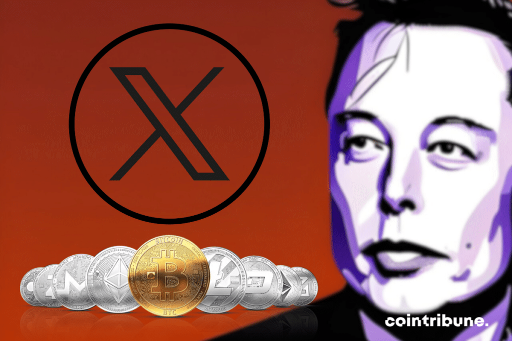 Photo d'Elon Musk, logo de X et pièces de cryptomonnaies