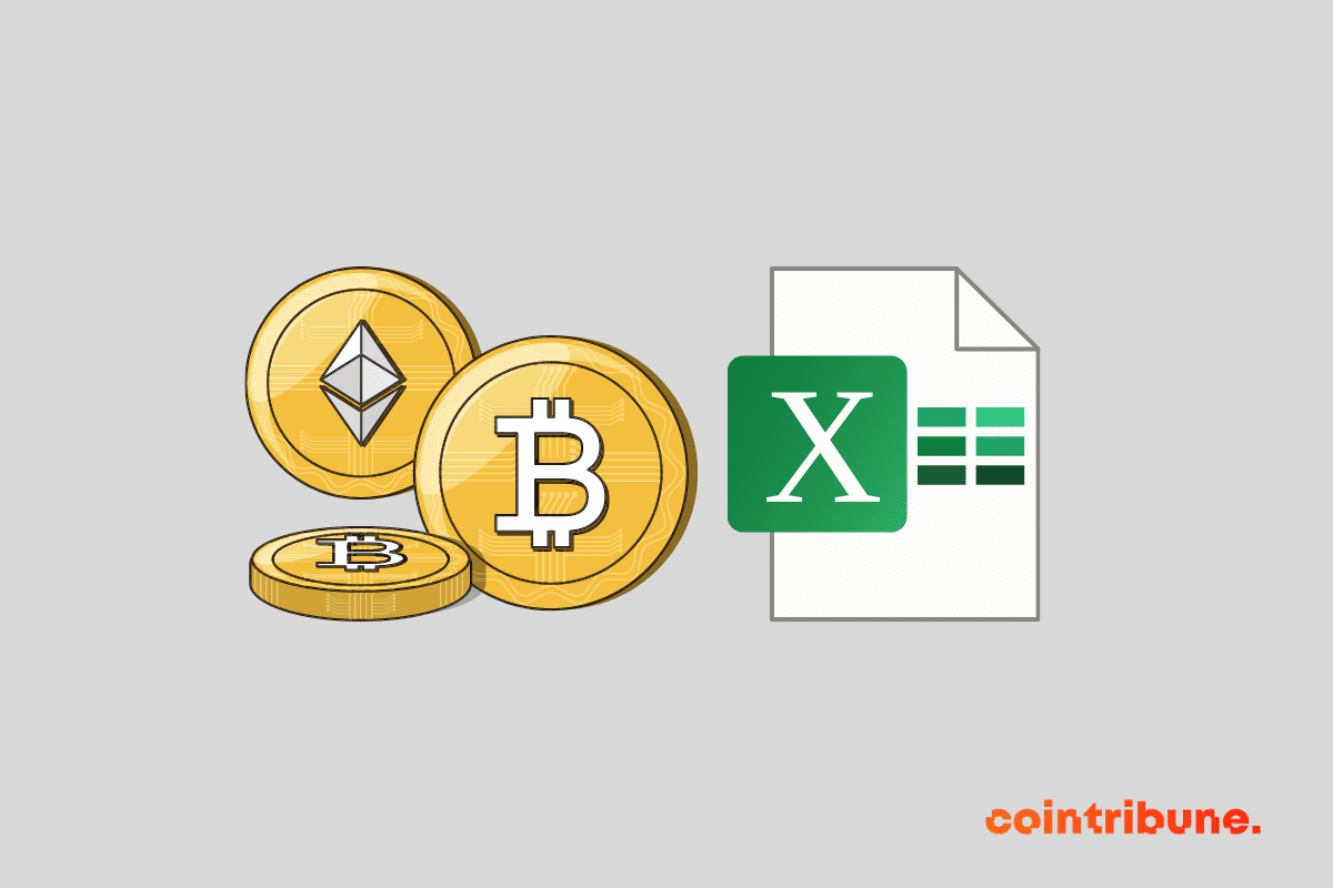 Des pièces de crypto et un pictogramme représentant Excel