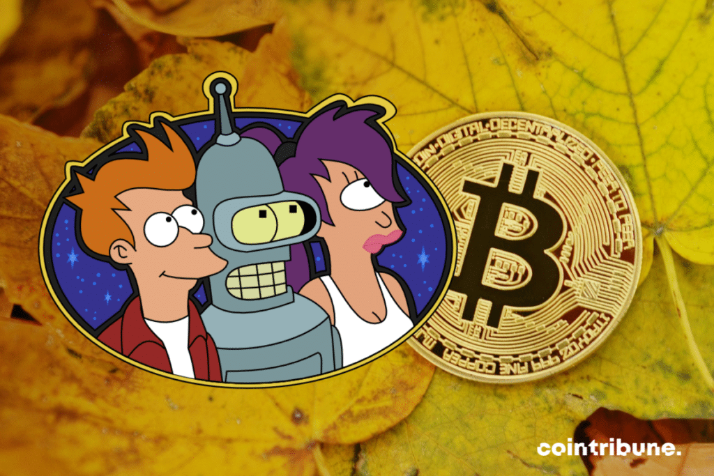 Bitcoins displayed on dead leaves, and a photo of Futurama characters.