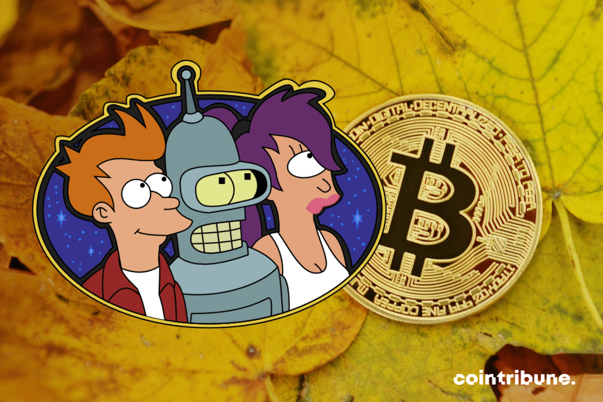 Bitcoins displayed on dead leaves, and a photo of Futurama characters.