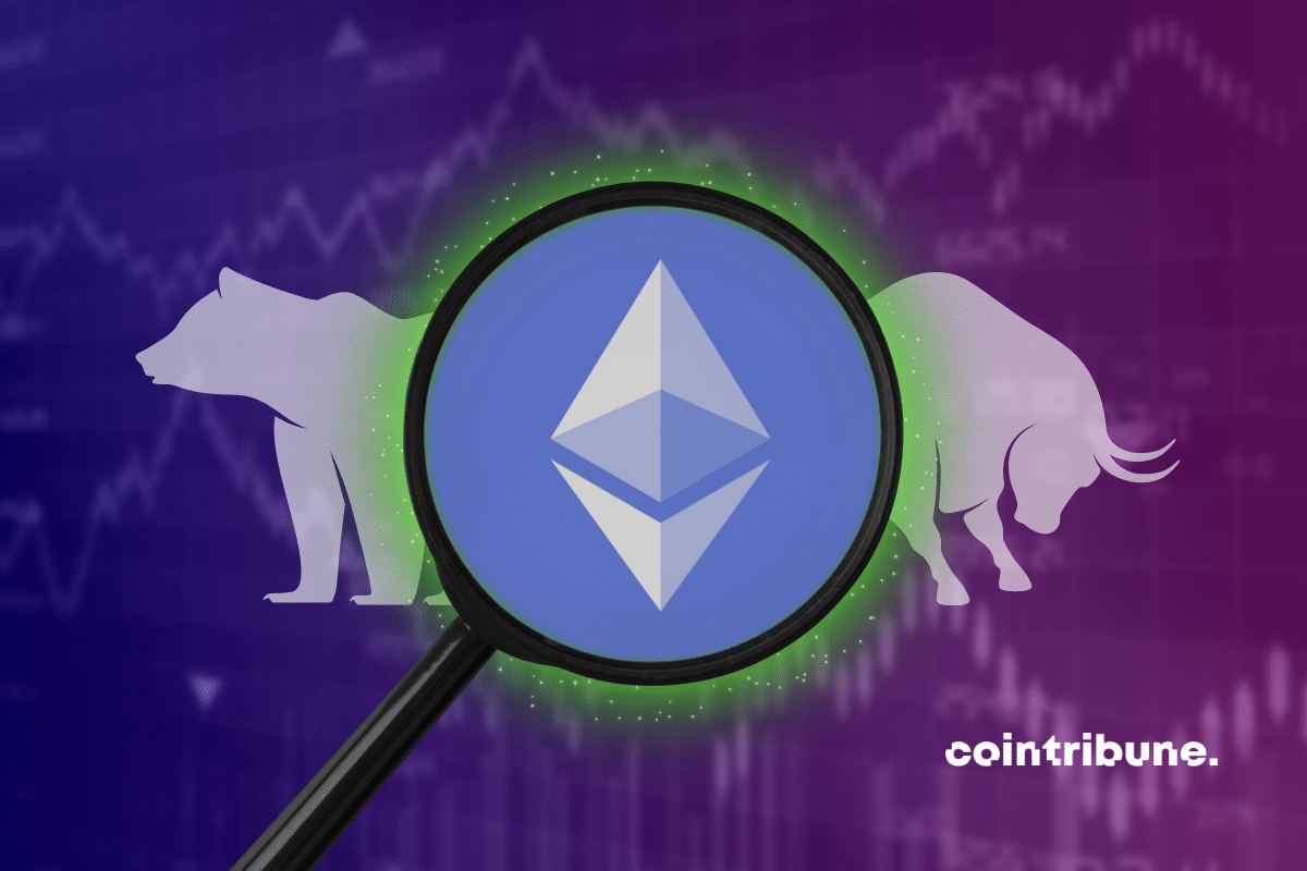 Logo Ethereum encadré par une loupe avec en fond un graphique en couleur ainsi qu’un taureau et un ours blanc.