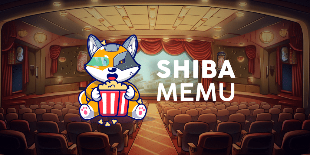 Le logo et la mascotte de Shiba Memu avec un cinéma en arrière plan