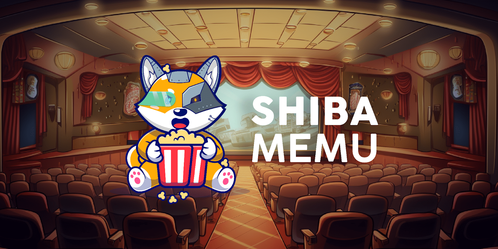 Le logo et la mascotte de Shiba Memu avec un cinéma en arrière plan
