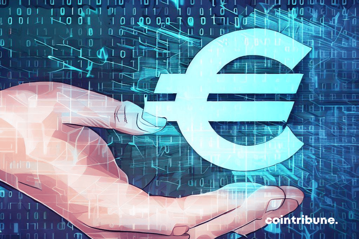 Solana: a hand holding a physical Euro which is gradually transformed into computer code