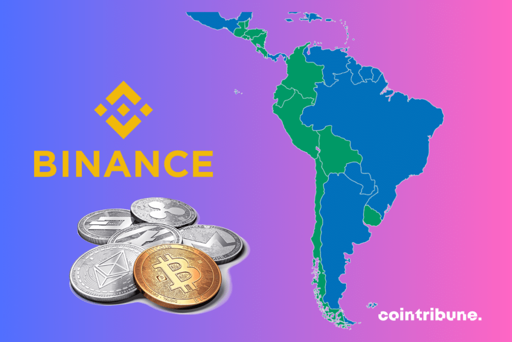 Carte de l'Amérique latine, logo de Binance et pièces de cryptomonnaies