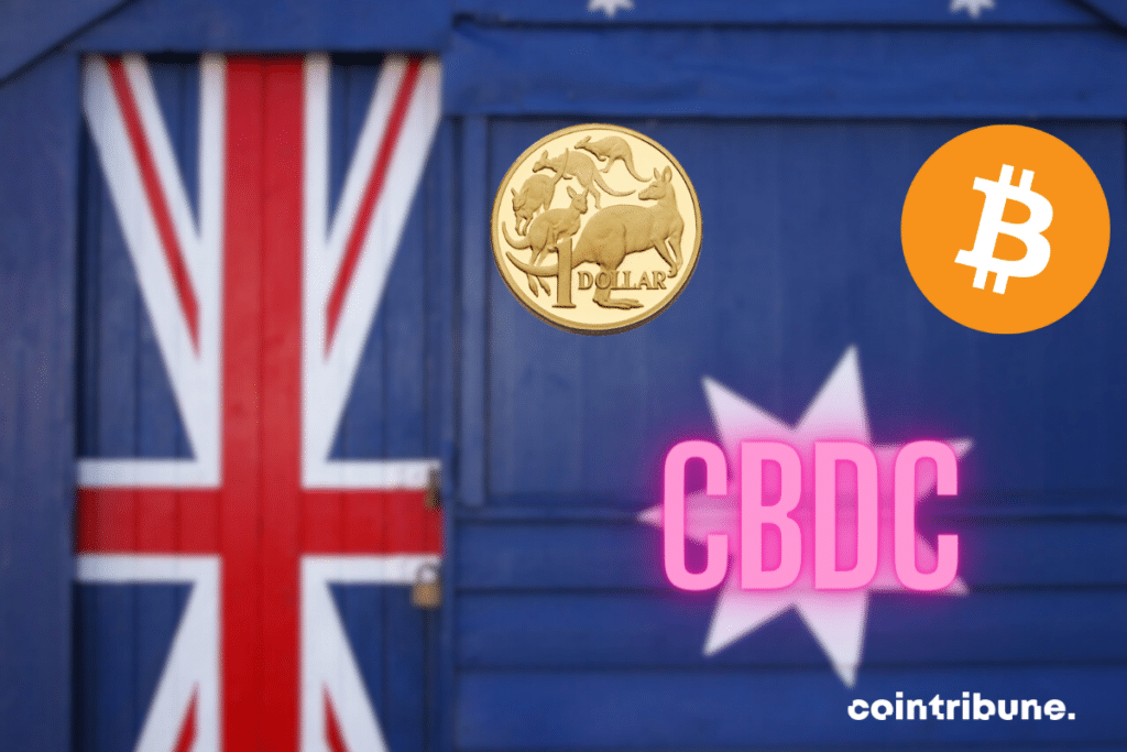 Drapeau australien, logos de bitcoin et du dollar australien et mention CBDC. Source : Pixabay