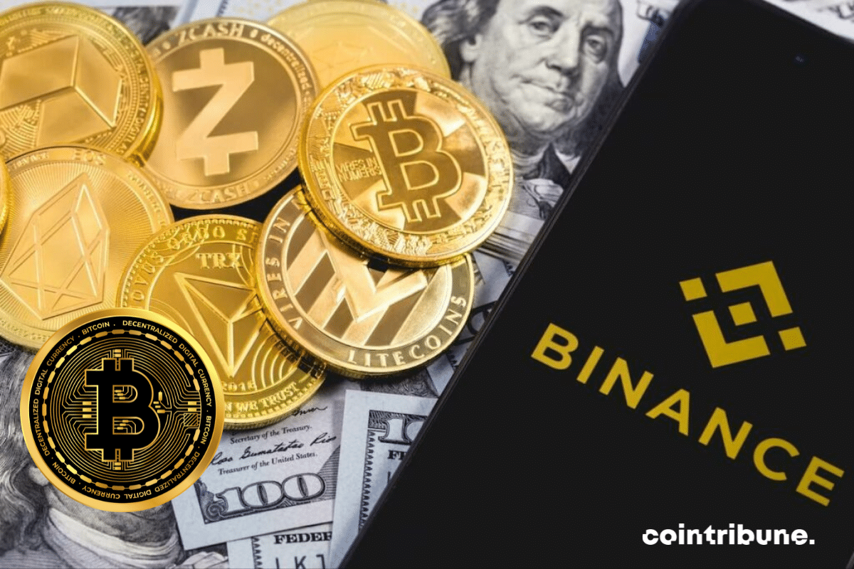 Plusieurs cryptos dont Bitcoin et les billets verts au cote de Binance