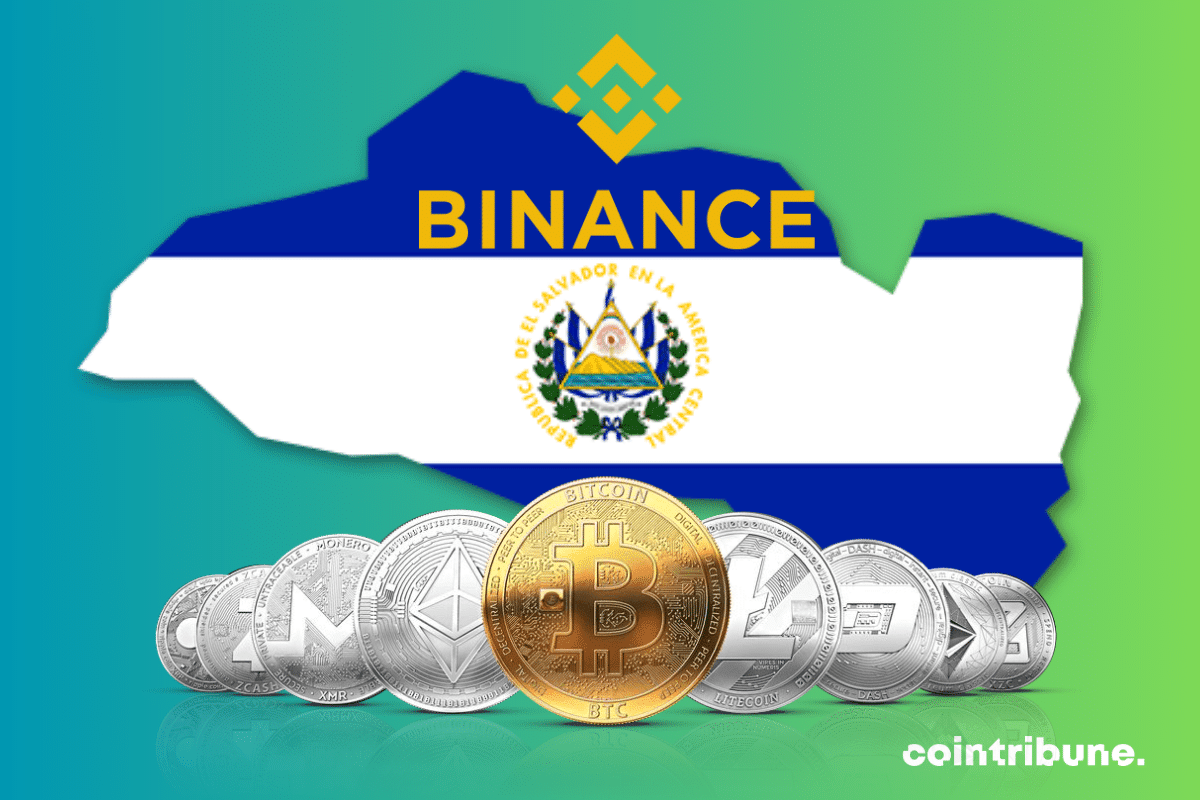 Drapeau du Salvador, logo de Binance et pièces de cryptomonnaies