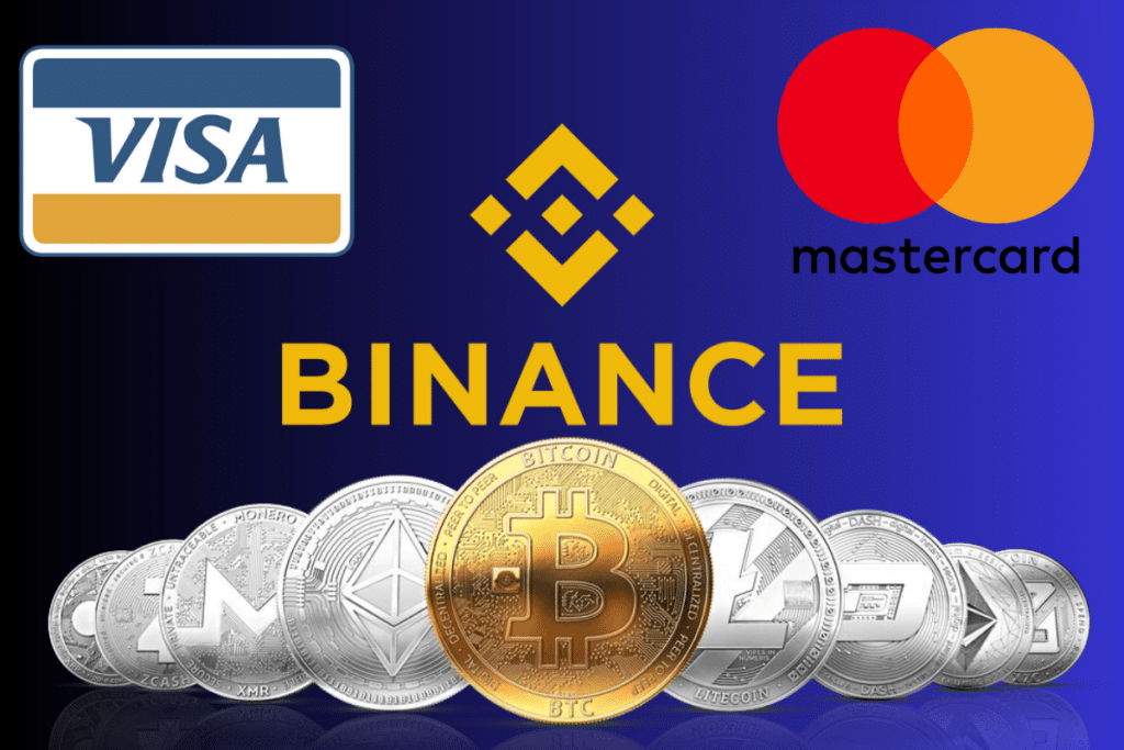 Pièces de cryptomonnaies, logos de Binance, Visa et Mastercard