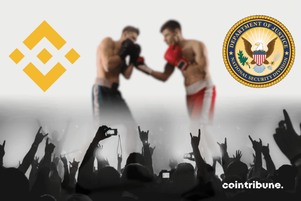 Image de foule et combat de boxe, avec logos de Binance et du DOJ