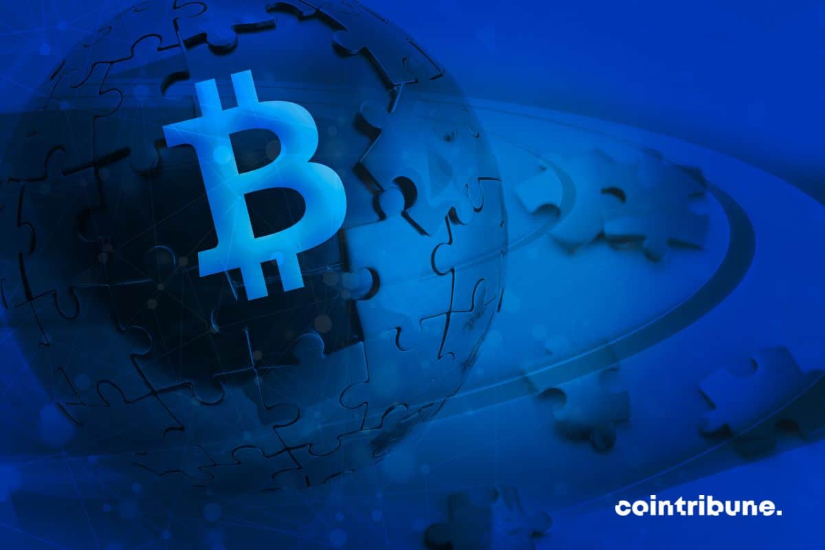 Une illustration d'un globe terrestre sous forme de puzzle, avec des pièces tombant et révélant le logo Bitcoin, symbolisant ainsi la décentralisation du Bitcoin et son impact sur le monde.
