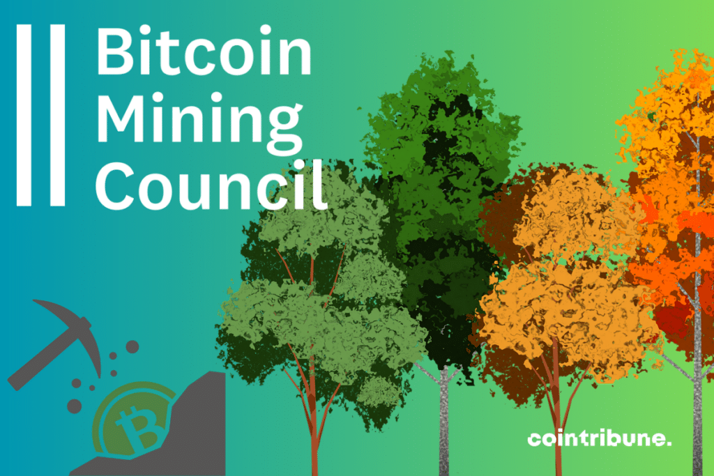Photo d'arbres et vecteur mining de bitcoins, logo du Bitcoin Mining Council