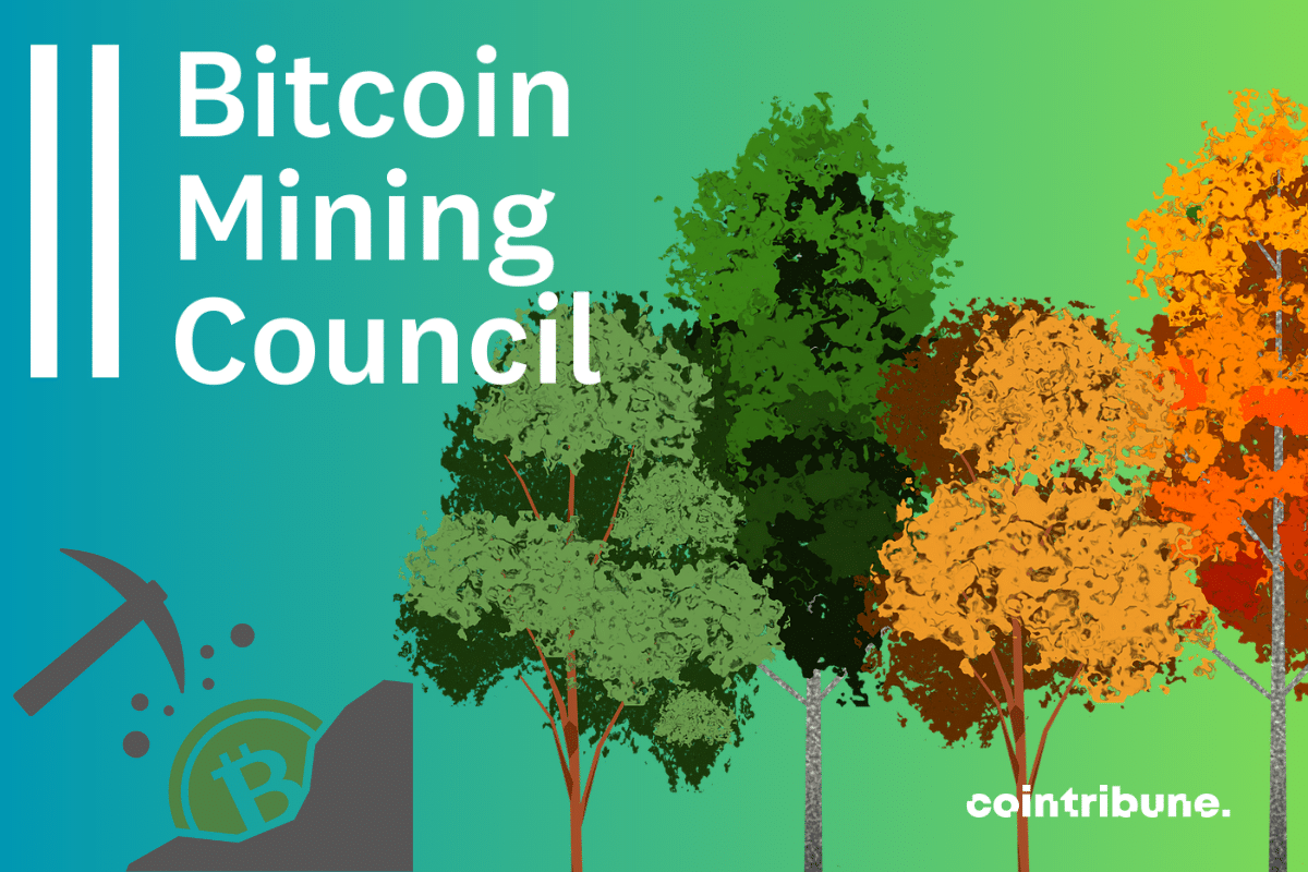 Photo d'arbres et vecteur mining de bitcoins, logo du Bitcoin Mining Council