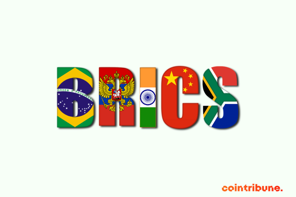 Image avec fond blanc présentant l'inscription BRICS, formée avec les drapeaux des pays du groupe