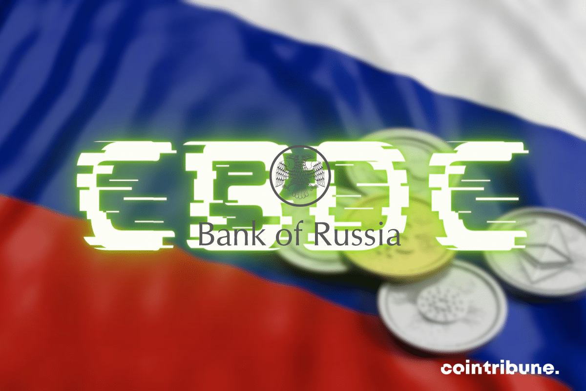 Drapeau russe, pièces de cryptomonnaies, logo de la Banque de Russie et mention "CBDC"