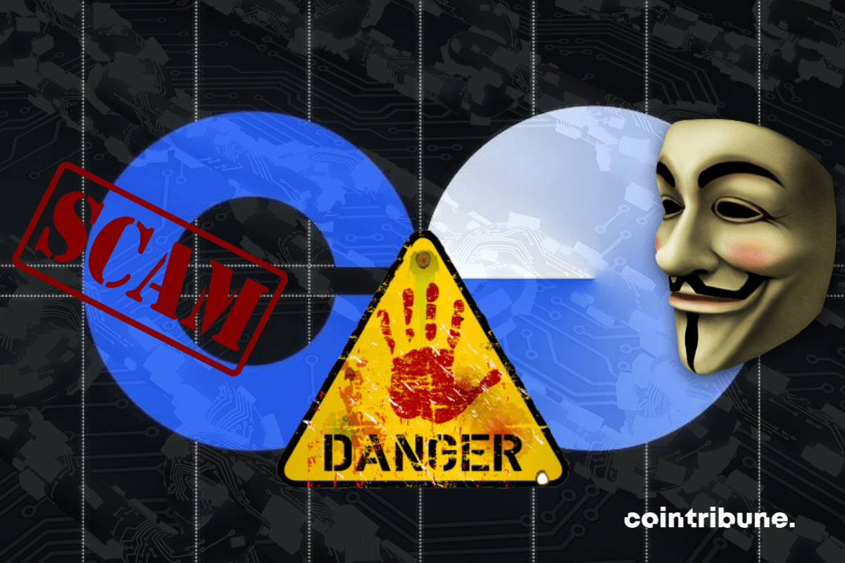 Logos de Coinbase et Base, masque Anonymous et icone Scam et Danger