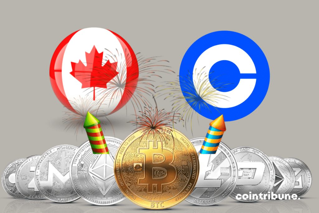 Pièces de cryptomonnaies, drapeau du Canada, logo de Coinbase