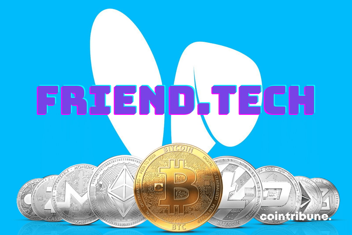 Friend.tech logo and cryptocurrency coins