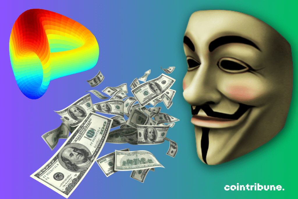 Photos d'une masque Anonymous, de billets de dollars et logo de Curve