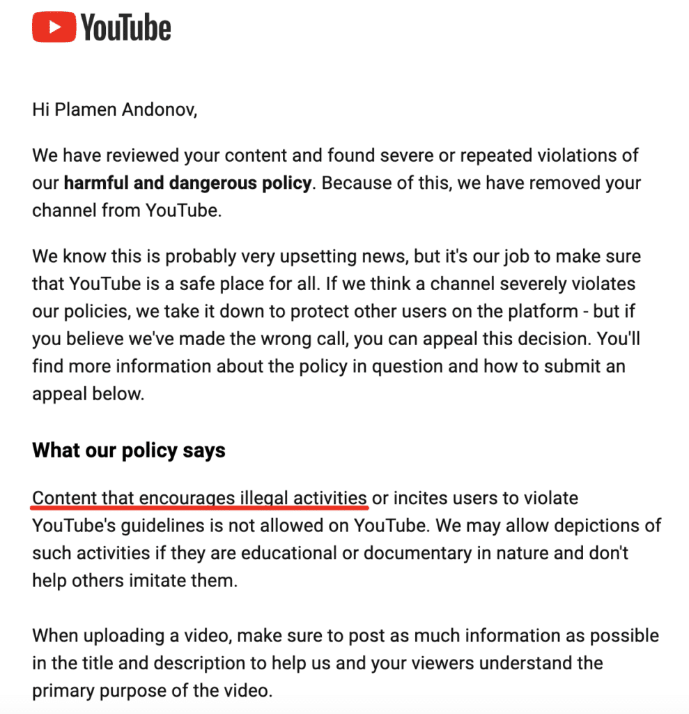 Message de YouTube envoyé a Plamen Andonov.