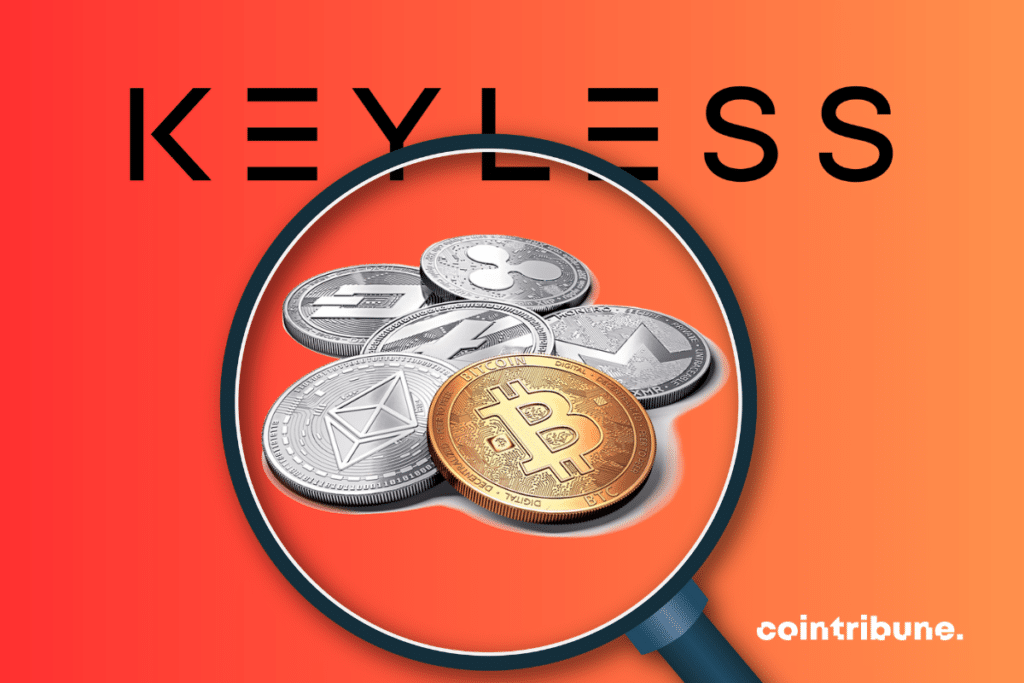 Logo de keyless, photo de loupe et pièces de cryptos
