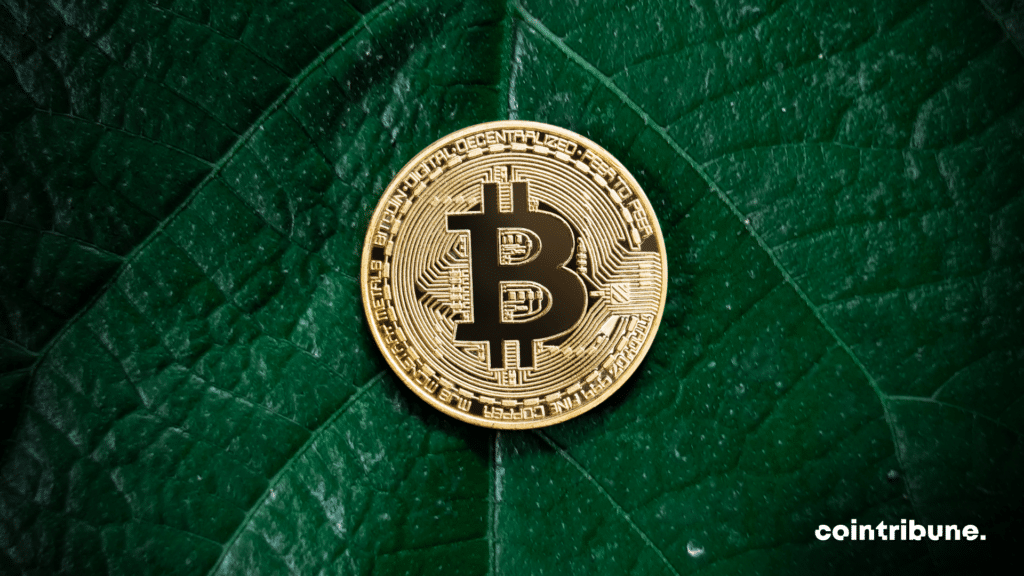 Pièce Bitcoin sur une feuille, évoquant les arbres de Merkle