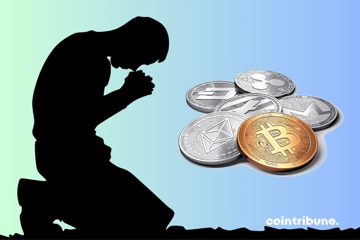 Photo d'homme en train de prier, et pièces de cryptomonnaies