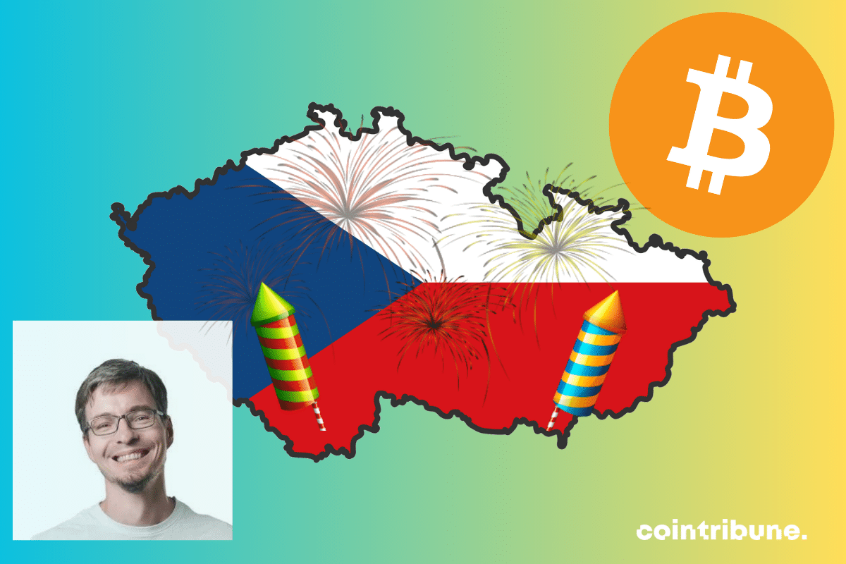 Drapeau de la République tchèque, logo de Bitcoin et portrait de Josef Tetek