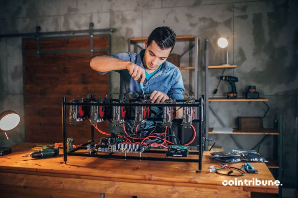 Homme manipulant un rig de minage Bitcoin