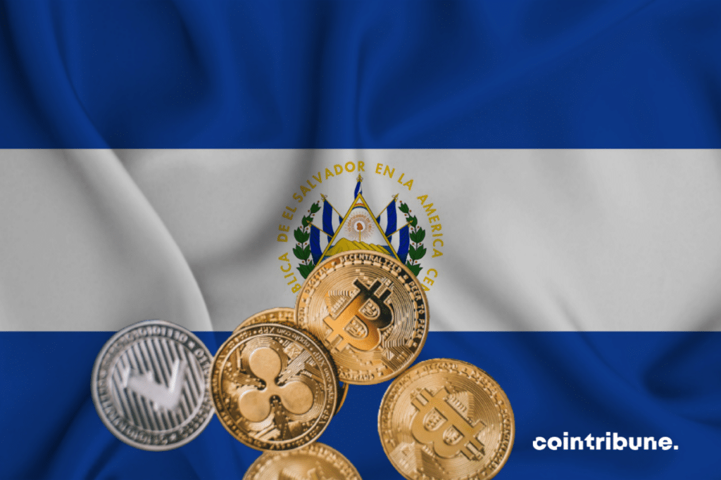 Le drapeau du Salvador superposé de quelques pièces de cryptomonnaies