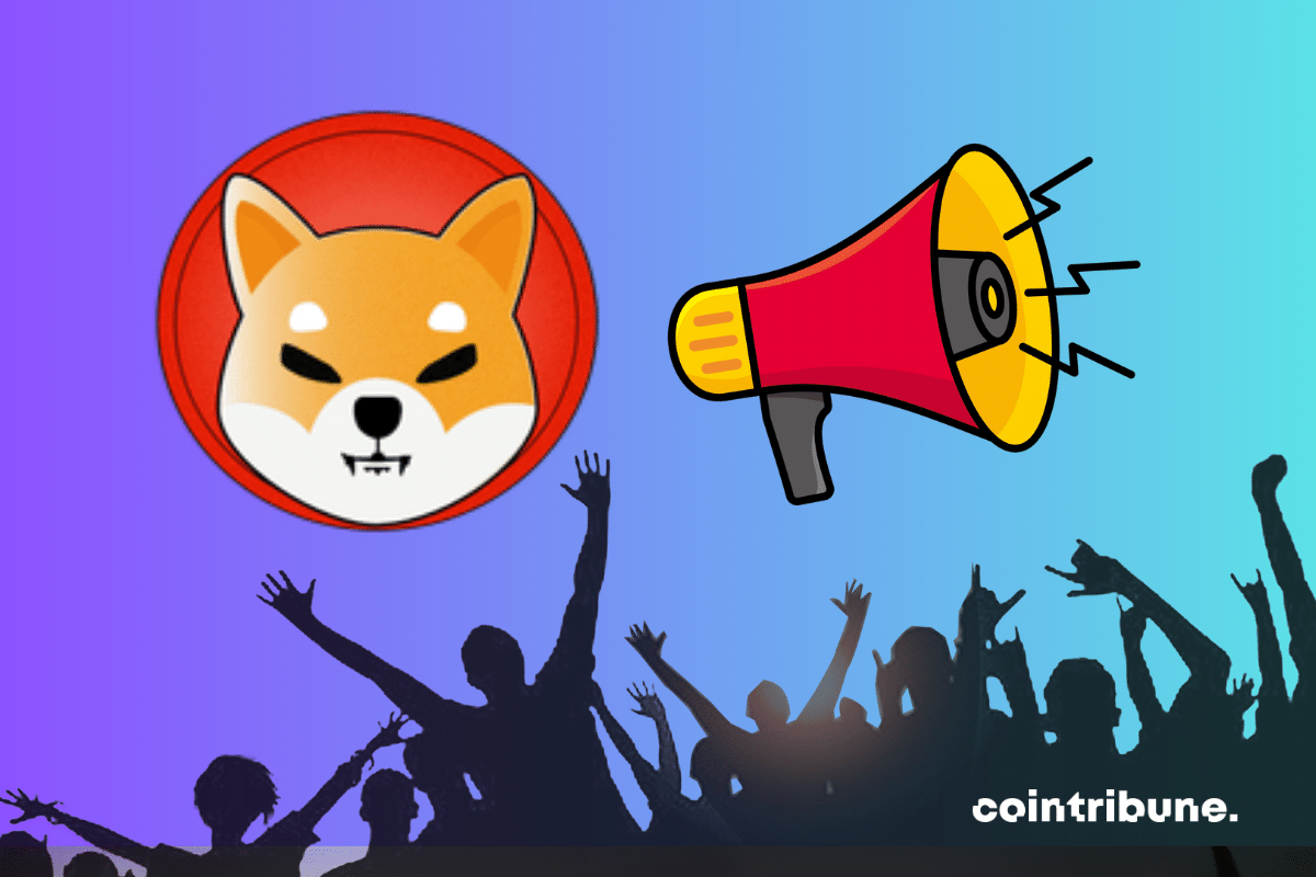 Photos of a crowd and a megaphone, with the Shiba Inu logo.