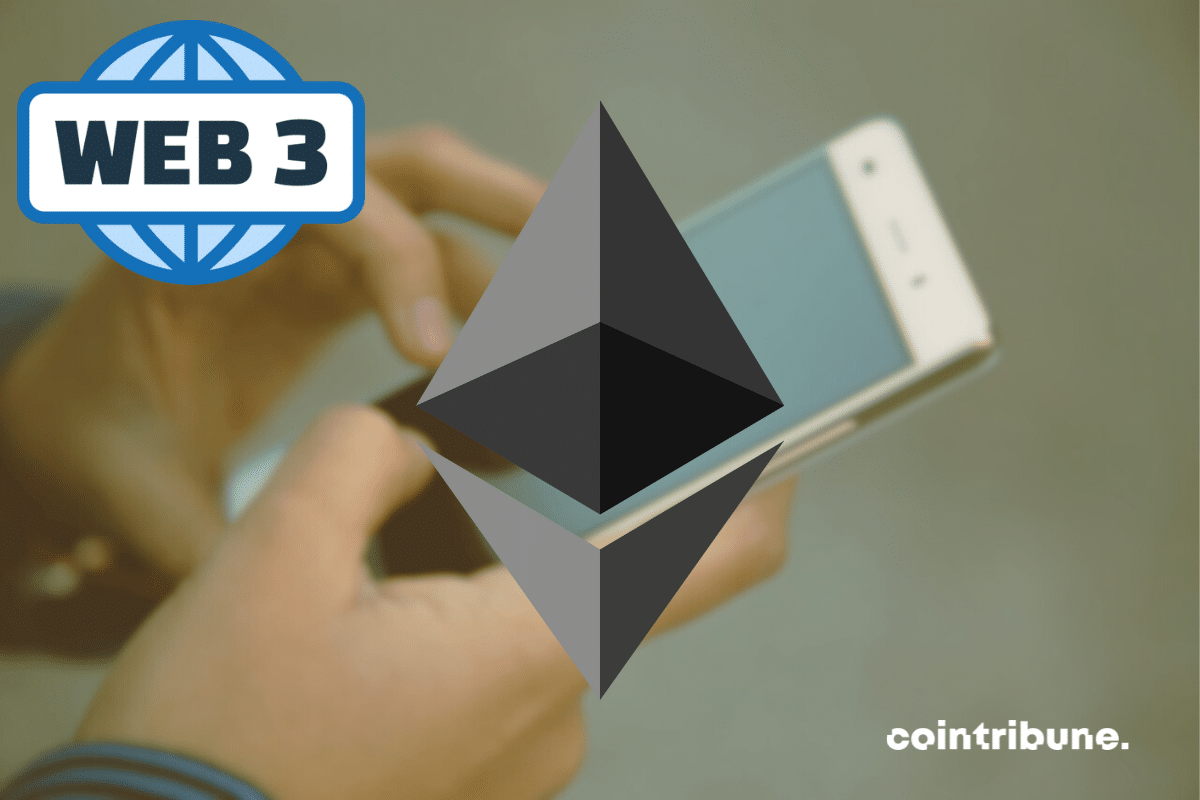 Photo d'une main pianotant sur un smartphone, logos d'Ethereum et du web3