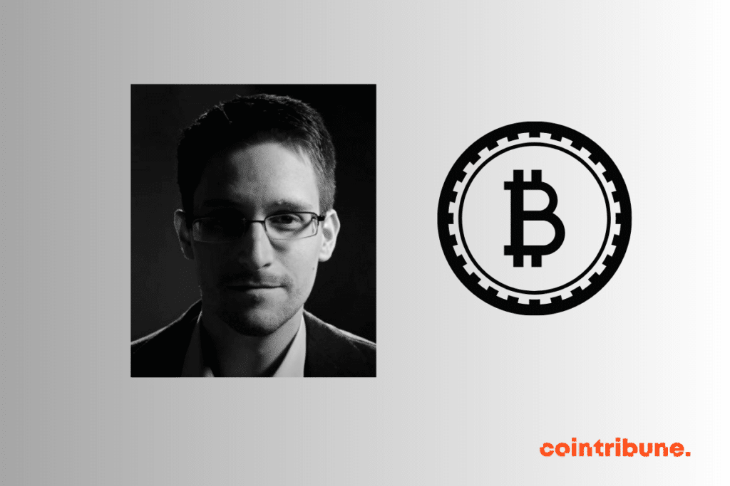 Une image d'edward Snowden et une pièce de BTC