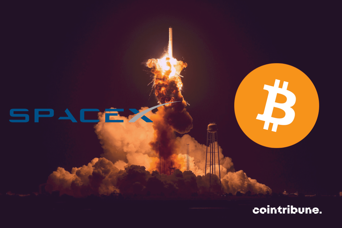 Photo de lancement d'une navette spatiale, logos de SpaceX et de Bitcoin