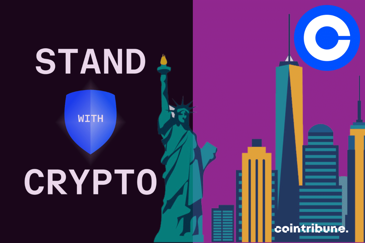 Photo de la ville de New York, logo de Coinbase et page "Stand with Crypto"