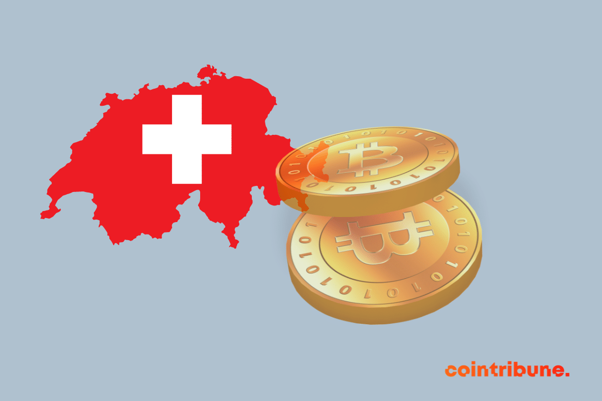 Le drapeau suisse et des pièces de Bitcoin