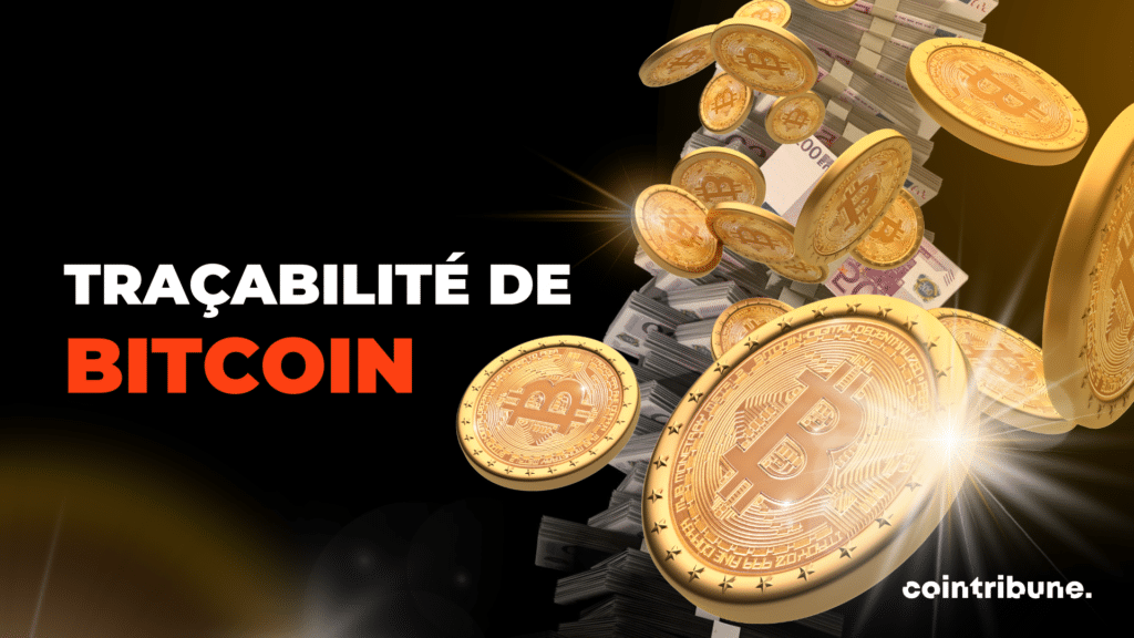 Pièces de monnaie Bitcoin à droite, avec l'inscription "Traçabilité des Bitcoins" à gauche