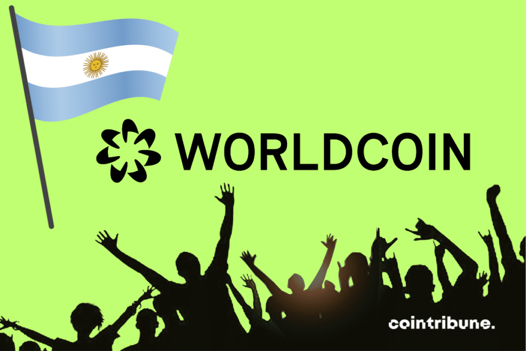 Drapeau de l'Argentine, image de foule et logo de Worldcoin