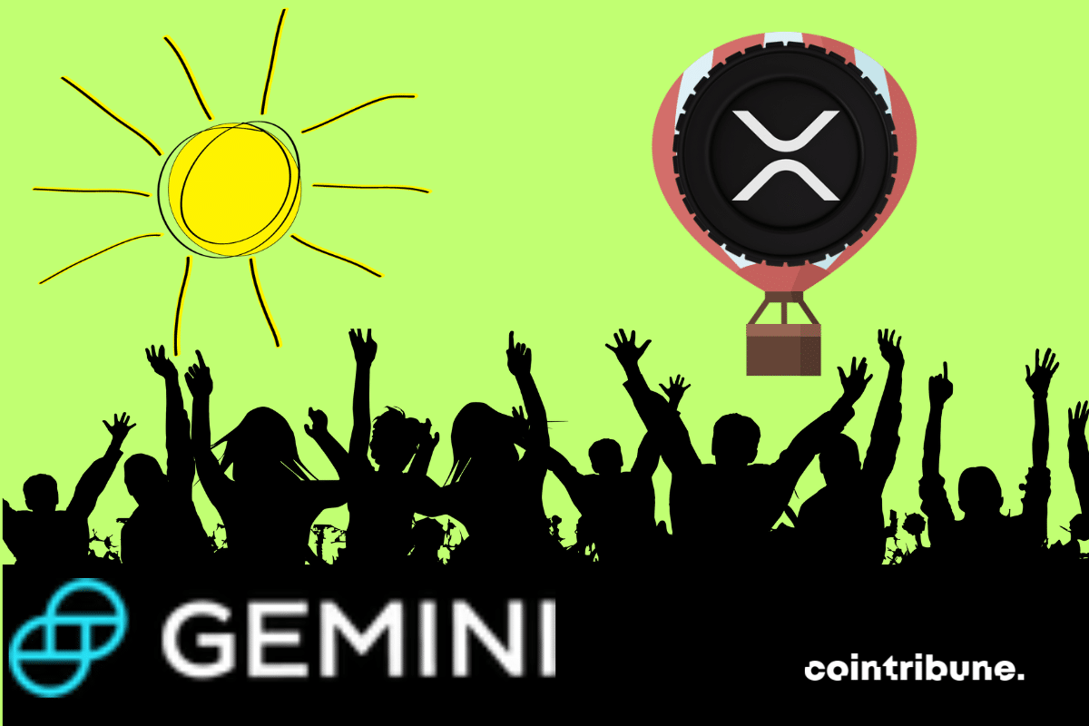 Photos de foule, soleil et montgolfière, avec logos de XRP et Gemini