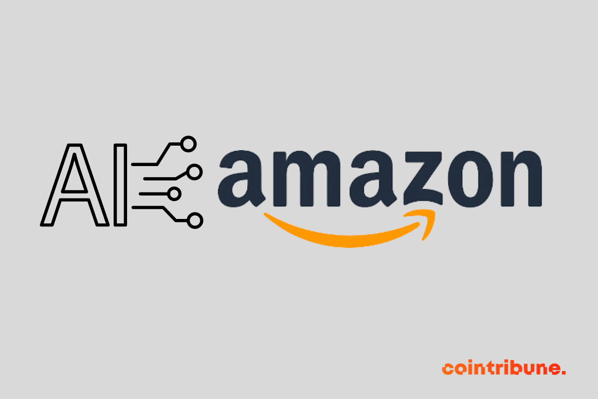Inscription IA et le logo d'Amazon qui a récemment multiplié les initiatives axées sur la crypto et le Web3