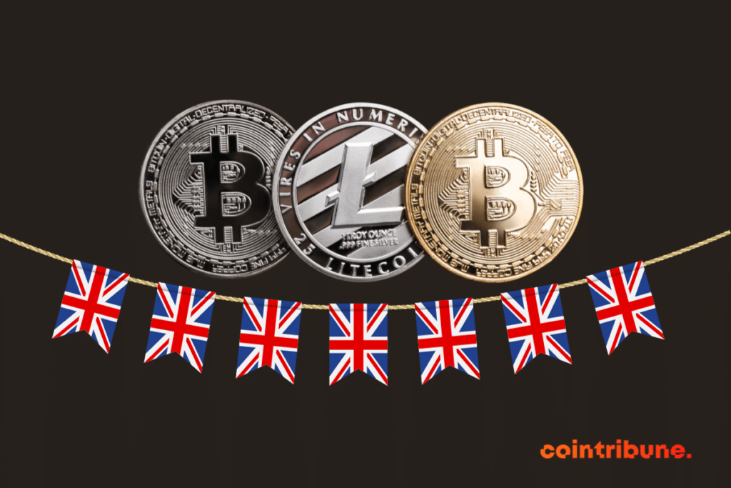 Pièces physiques de quelques cryptos, dont le bitcoin, la cryptomonnaie phare et quelques drapeaux du Royaume-Uni en miniature